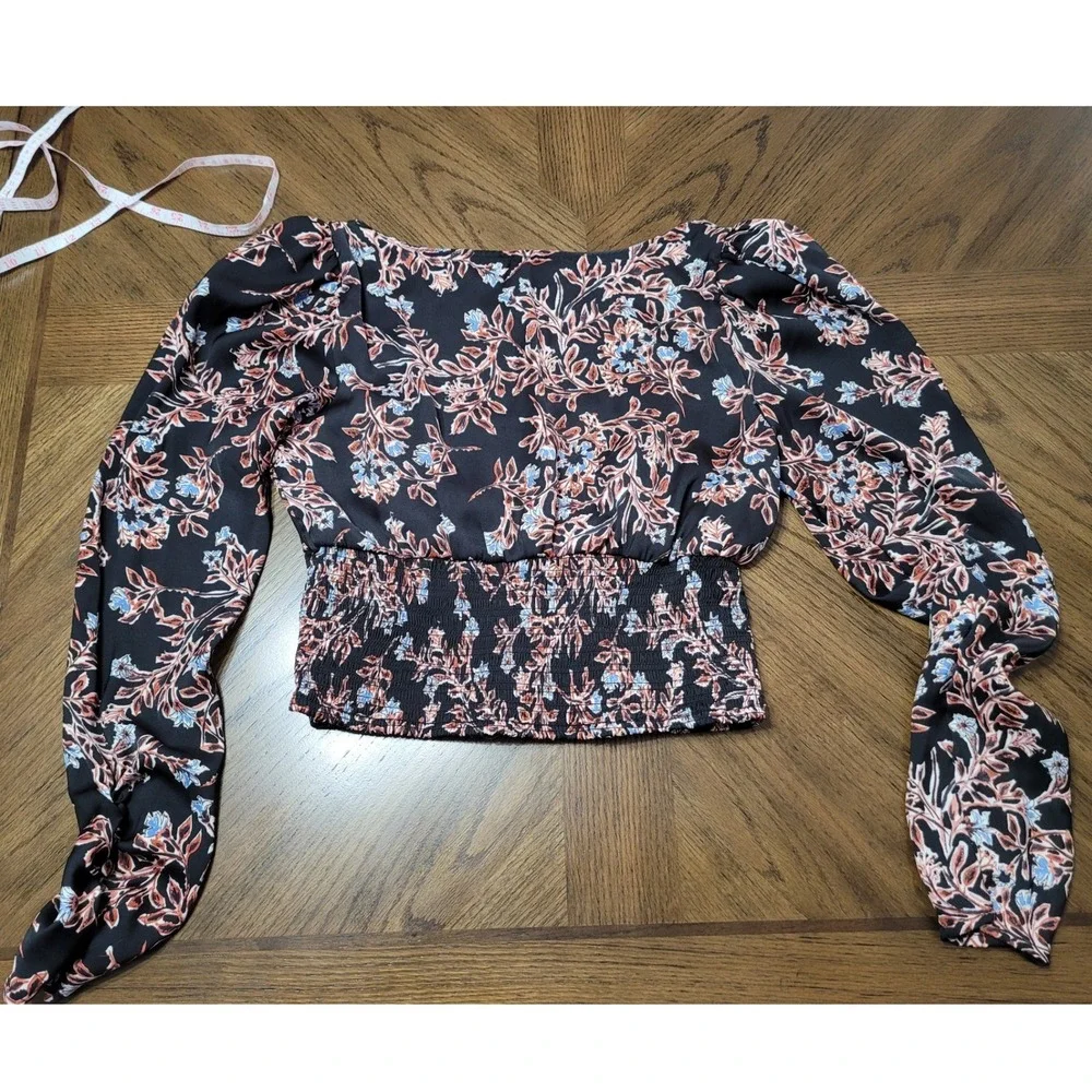 Free People Santiago Black Floral Cropped Blouse Womens S